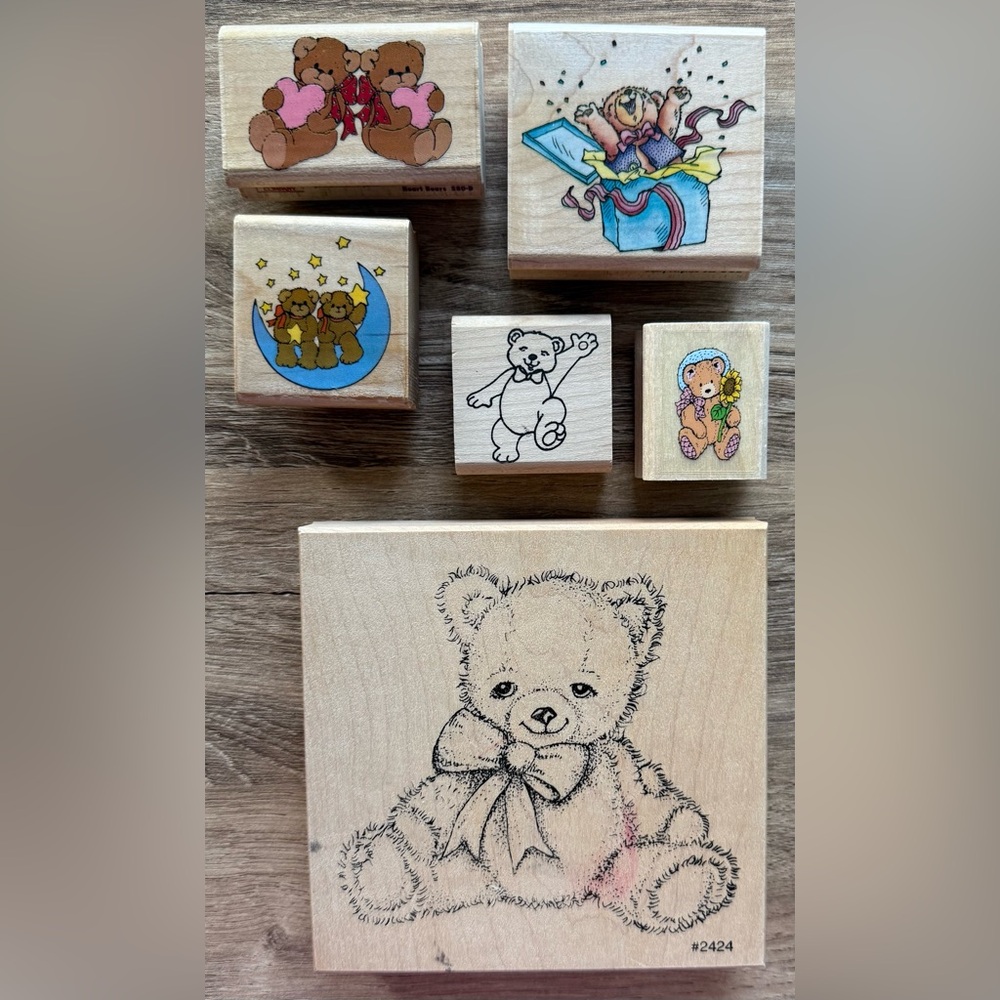 Vintage Lot of 6 Wooden Rubber Stamps Teddy Bears Rubber Stampede Comotion VGC